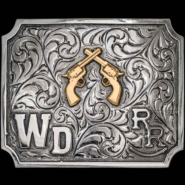The Leadville is a variation of our best-selling Guthrie Belt Buckle! Personalize this full silver belt buckle with your ranch brand, initials and a custom western bronze figure, logo or image! 